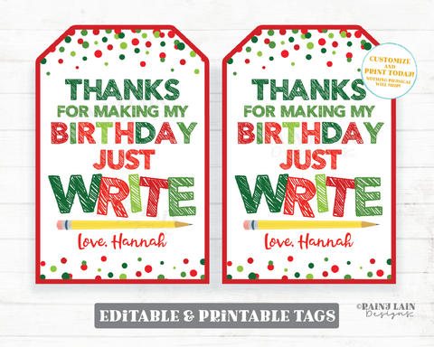 Birthday Just Write Christmas Pencil Gift Tag Party Favor Pencil Tags Student Classroom Preschool Kids Editable Holiday Tag