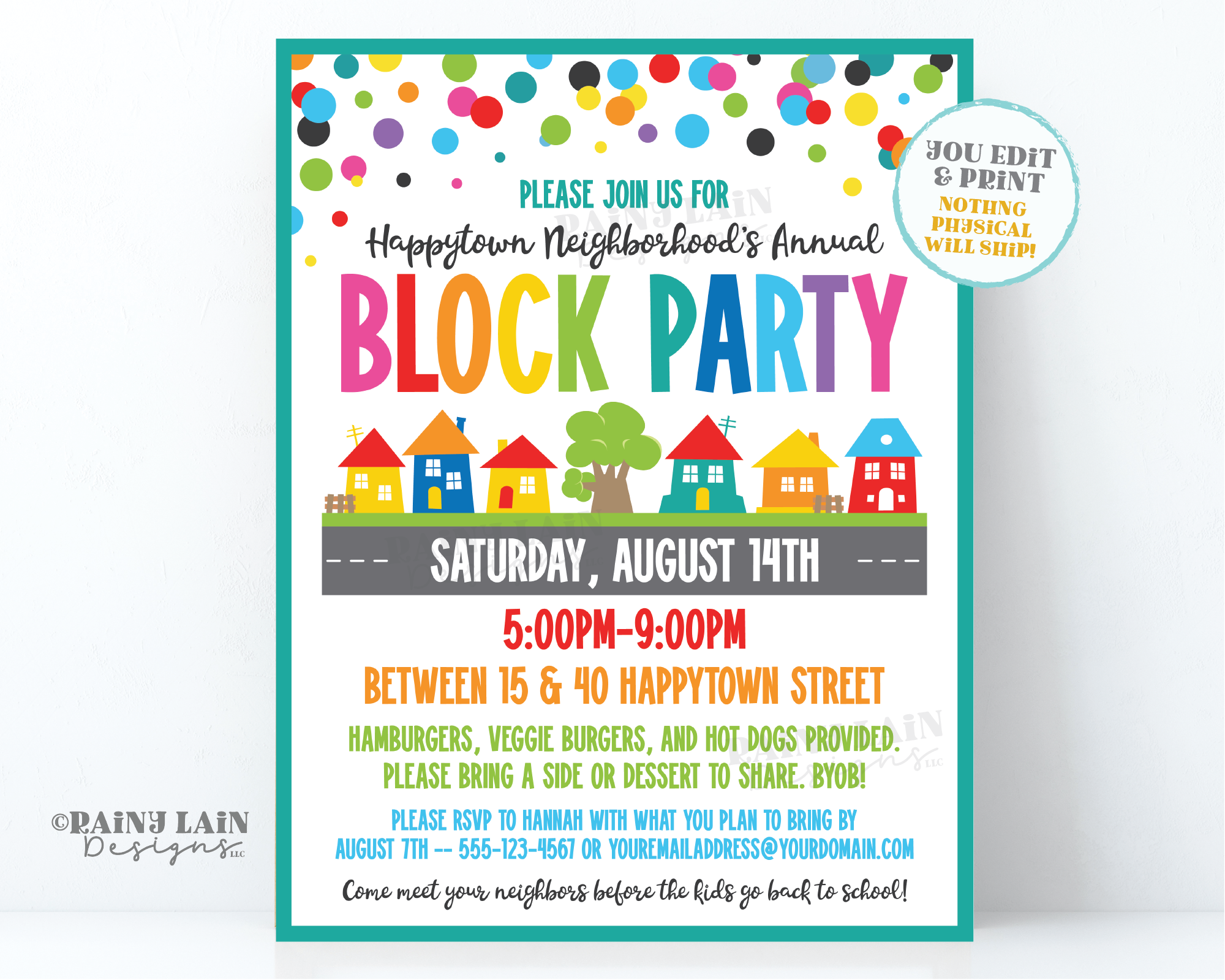 Editable Block Party Flyer Template, Neighborhood Street Summer Party Invite,  BBQ, Cookout, Digital Download