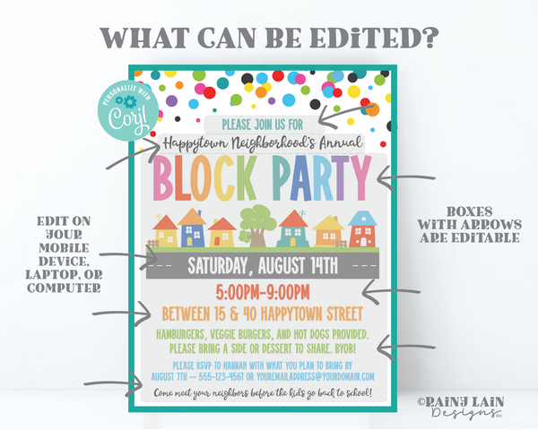 Editable Block Party Flyer Template, Neighborhood Street Summer Party Invite,  BBQ, Cookout, Digital Download