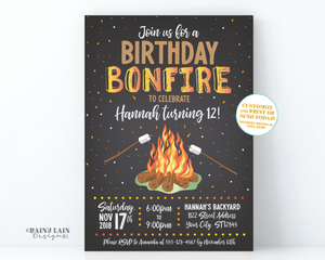 Bonfire Birthday Invitation, Backyard Bonfire Invite, S'mores Birthday Invitation, Bonfire Party Invite, Marshmallows, Fire, Chalkboard