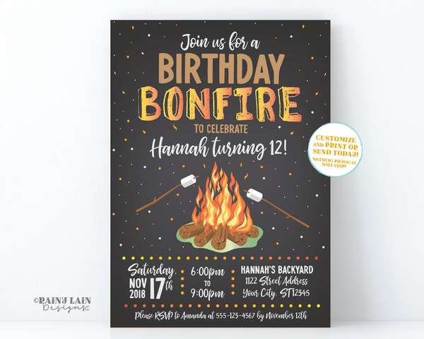 Bonfire Birthday Invitation, Backyard Bonfire Invite, S'mores Birthday Invitation, Bonfire Party Invite, Marshmallows, Fire, Chalkboard