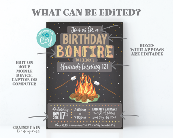 Bonfire Birthday Invitation, Backyard Bonfire Invite, S'mores Birthday Invitation, Bonfire Party Invite, Marshmallows, Fire, Chalkboard