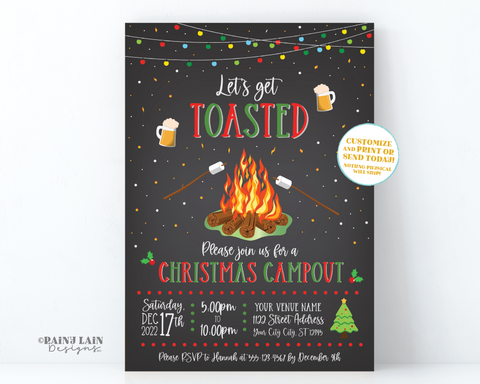 Bonfire Holiday Invite Editable Christmas Campout Invitation Let's Get Toasted Beer S'mores Birthday Company Party Couples Shower