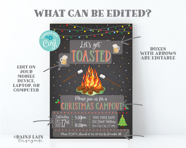 Bonfire Holiday Invite Editable Christmas Campout Invitation Let's Get Toasted Beer S'mores Birthday Company Party Couples Shower