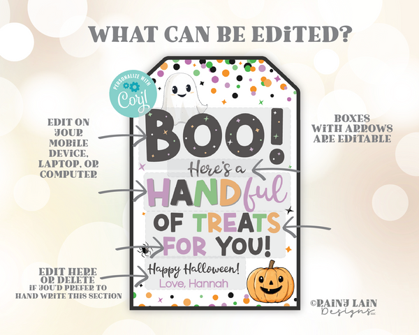 Halloween Hand Treat Tags, Boo Here's a HANDful of Treats for You, Gift, Classroom, School, Hand Shaped Favor Bags, PTO PTA, Teacher Student