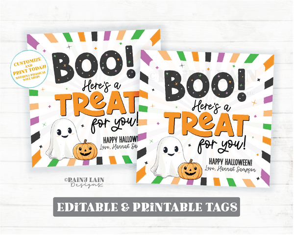 Editable Halloween Tag, Boo Here's a Treat for you Favor Trick Or Treat, Gift Birthday Party, Costume, Download Printable Template, Corjl