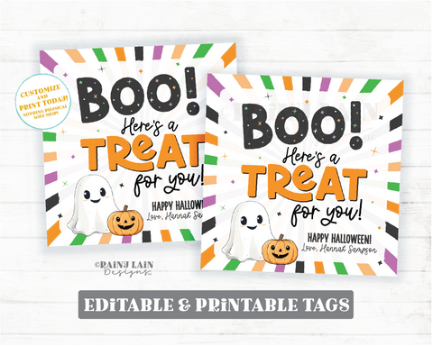 Editable Halloween Tag, Boo Here's a Treat for you Favor Trick Or Treat, Gift Birthday Party, Costume, Download Printable Template, Corjl