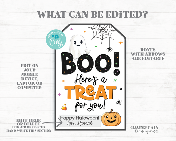 Editable Halloween Favor Tags, Boo Here's a Treat for you Gift, Trick Or Treat, Birthday Party, Costume, Download Printable Template, Corjl