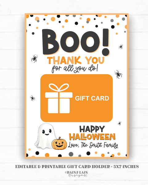 Editable Halloween Gift Card Holder Printable Teacher Appreciation Gift, Fall Harvest GiftCard Holder, Treat, PTO PTA, Instant Download