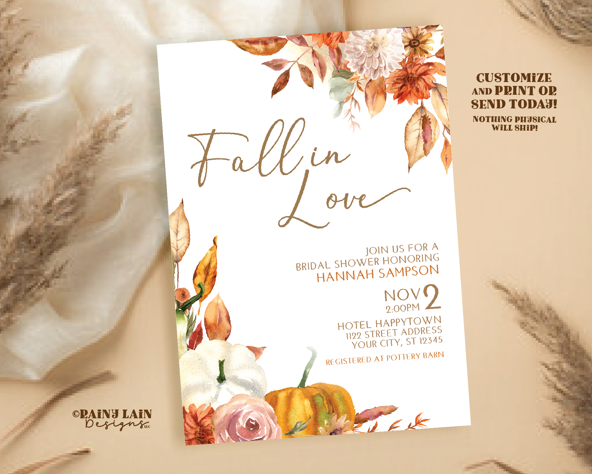 Fall Bridal Shower Invitation Template, Editable Pumpkin Fall In Love invite, Digital Download, Printable Autumn Floral Brunch, Fall in Love