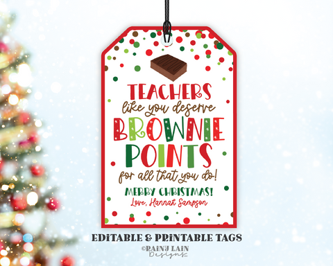 Editable Chocolate Brownie Christmas Gift Tag Template, Deserve Brownie Points, Holiday Treat, Teacher, Staff, Co-worker, Xmas, Appreciation