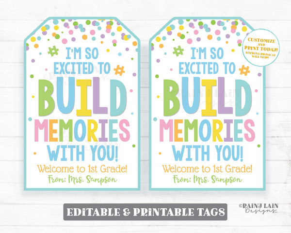 Back to School Student Gift Tag, Build Memories, Hashtag, First Day, Blocks, Puzzle, Building, Preschool, Classroom, Friend, Printable