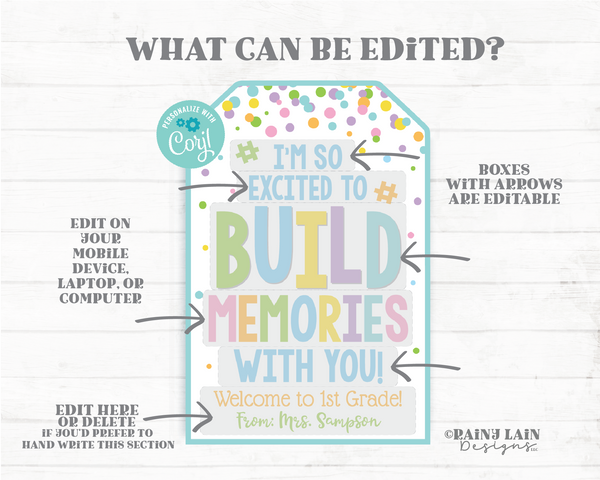 Back to School Student Gift Tag, Build Memories, Hashtag, First Day, Blocks, Puzzle, Building, Preschool, Classroom, Friend, Printable