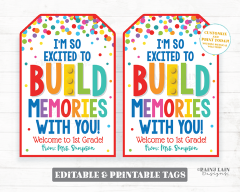 Editable Back to School Gift Tag, Blocks, Build Memories, First Day, Building, Preschool, Student, Classroom, Friend, Printable, Digital