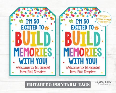 Build Memories Tag, Back to School, First Day Gift, Hashtag, Blocks, Puzzle, Building, Preschool, Student, Classroom, Friend, Printable