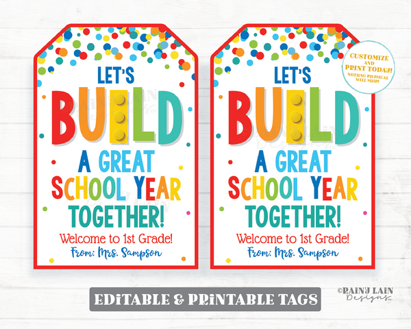 Build A Great School Year Tag Editable Building Blocks Gift Bricks Printable Student From Teacher Classmate Preschool Classroom