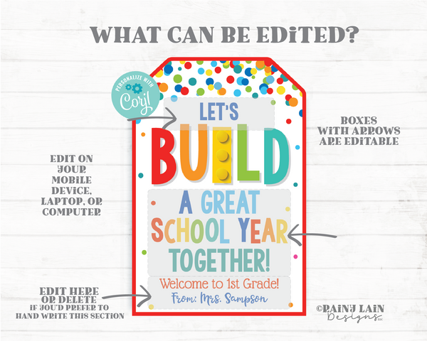 Build A Great School Year Tag Editable Building Blocks Gift Bricks Printable Student From Teacher Classmate Preschool Classroom