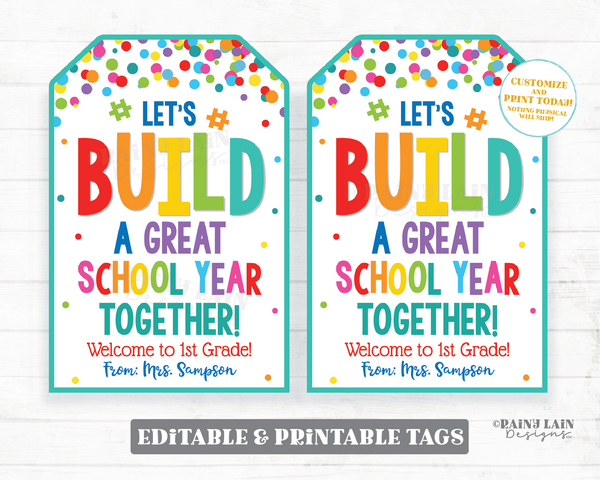Let's Build A Great School Year Together Tag Editable Building Blocks Gift Puzzle Student Printable From Teacher Preschool Classroom