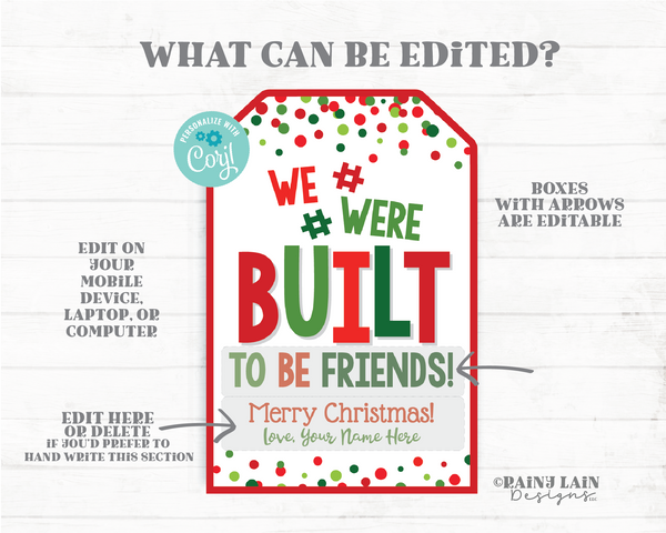 We Were Built to be Friend Tag Christmas Building Blocks Gift Puzzle Piece Friendship Printable Preschool Holiday Student Classroom Editable