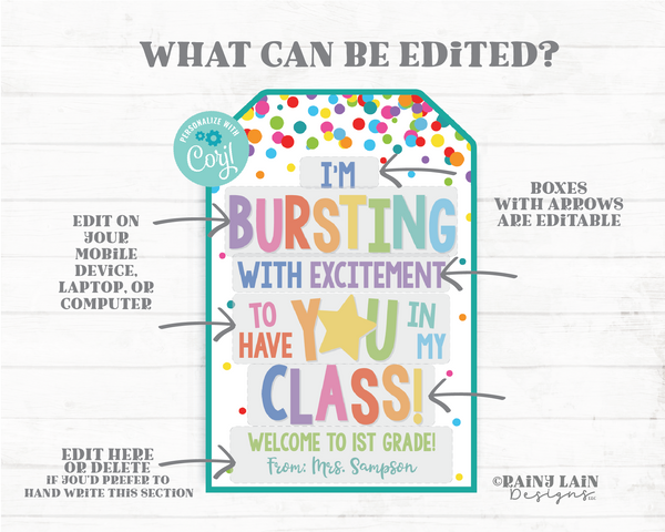Bursting with Excitement to Have You in My Class Tag, First Day of School, 1st. Back to School Printable Student From Teacher PTO Star Candy