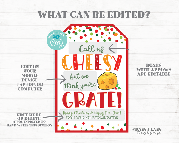 Call Us Cheesy We Think You're Grate Cheese Gift Tag Christmas Holiday Board Charcuterie Box Crackers Employee Appreciation Staff Teacher