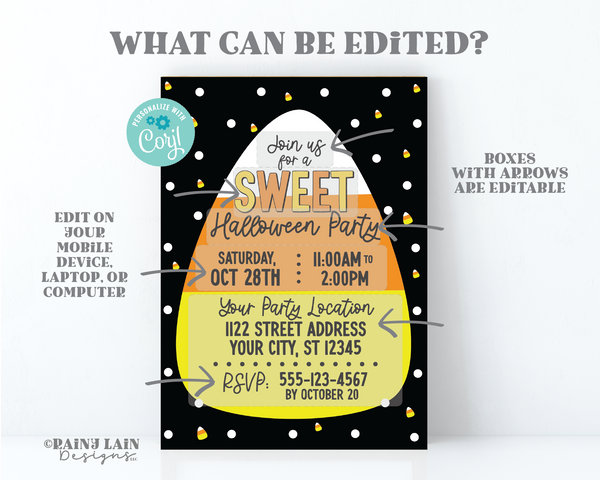 Halloween Birthday Invitation Editable Candy Corn, Costume Invite Kids Party, Digital Download, Printable