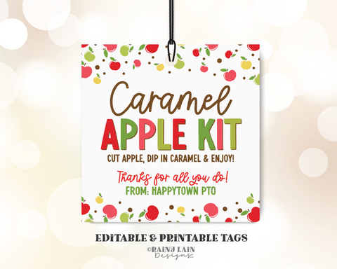 Editable Caramel Apple Kit Gift Tags Template, Fall Treat, Appreciation, Candy Apple, Thanksgiving School Teacher Staff, Kids Classroom, PTO