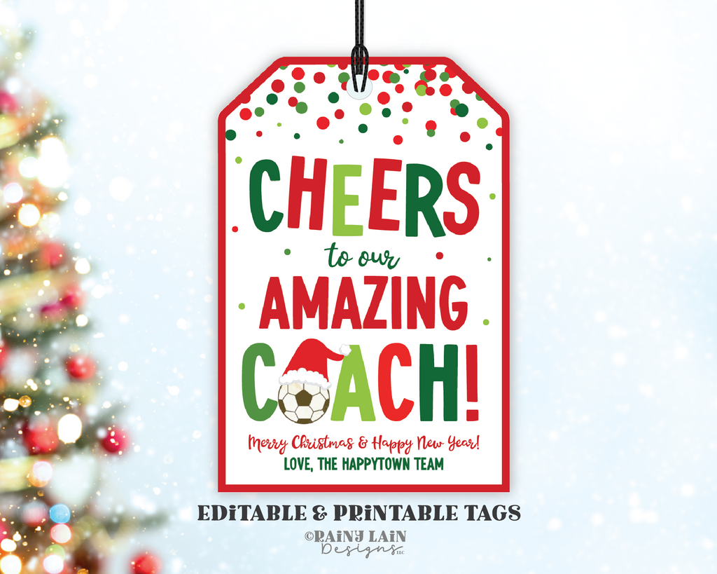 Cheers to our Amazing Coach Tag, Soccer Coach Gift Tag, Editable Holid ...