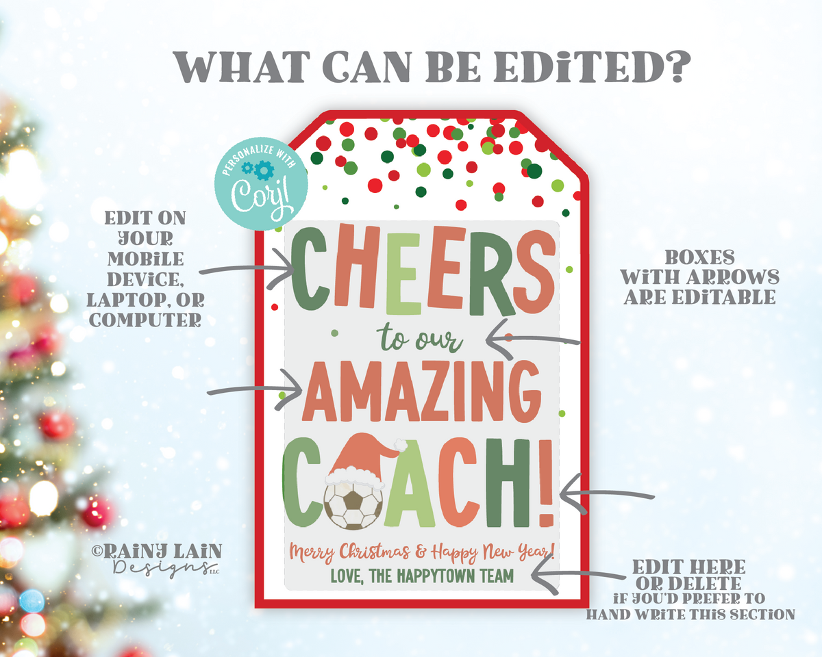 Cheers to our Amazing Coach Tag, Soccer Coach Gift Tag, Editable Holid ...
