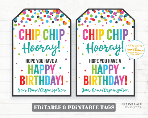 Chip Chip Hooray Happy Birthday Tag, Chips Favor Tag, Chocolate Chip Cookie Tag, Favor Tag, Printable Tags, Confetti