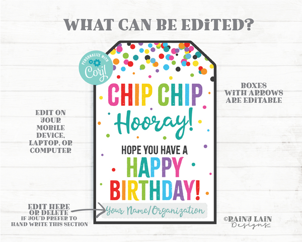 Chip Chip Hooray Happy Birthday Tag, Chips Favor Tag, Chocolate Chip Cookie Tag, Favor Tag, Printable Tags, Confetti