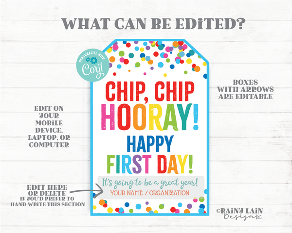 Chip Chip Hooray Happy First Day Tag 1st Day of School Great School Year Student Welcome From Teacher Cookie Gift Tag Back to School Chips