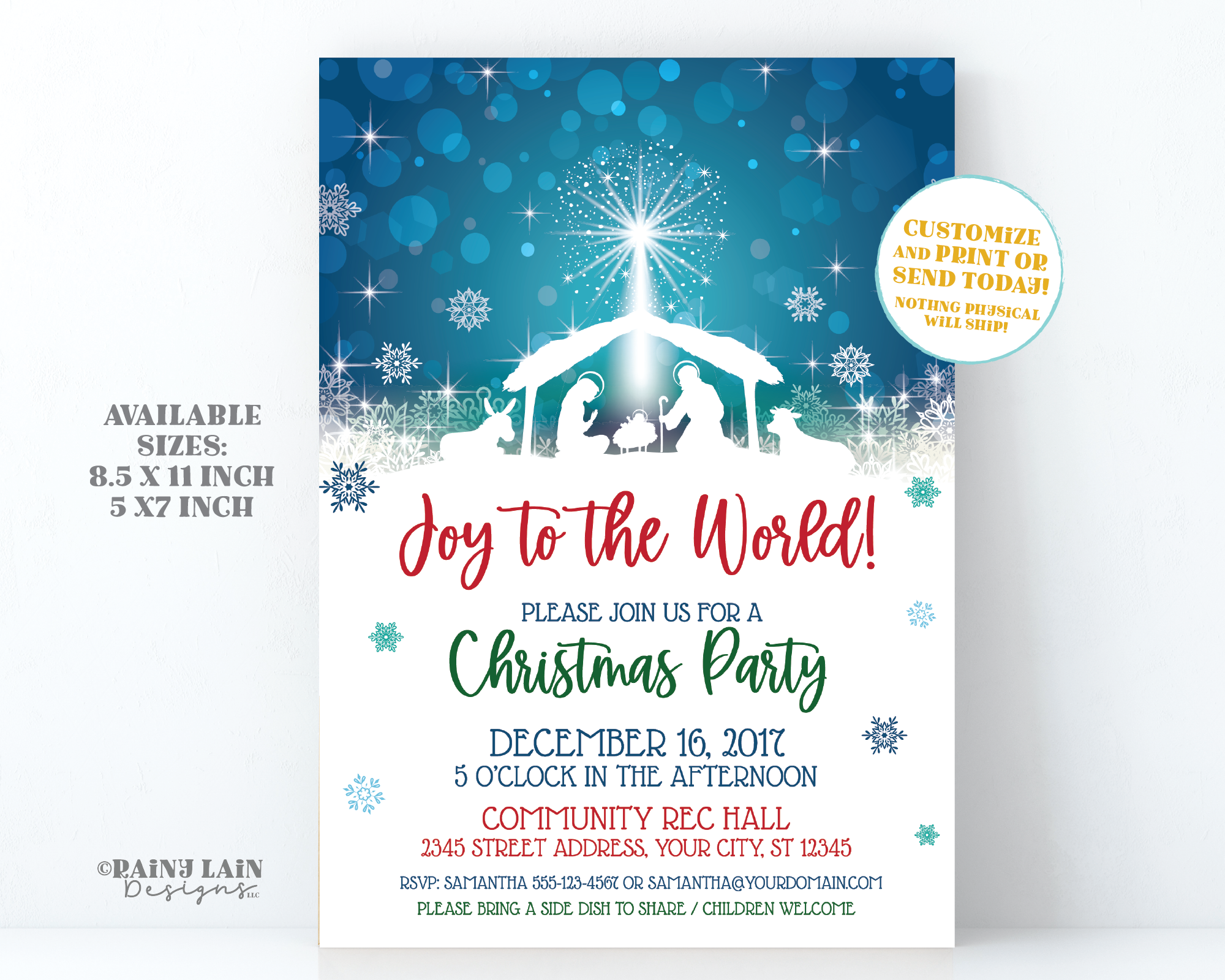 Nativity Christmas Party Invitations Editable Printable Invite Church Flyer Flier Holiday Celebration Progressive Dinner Scene Snow Manger