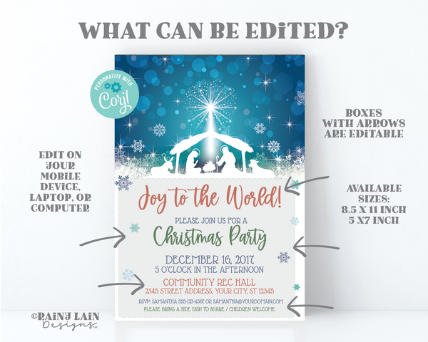 Nativity Christmas Party Invitations Editable Printable Invite Church Flyer Flier Holiday Celebration Progressive Dinner Scene Snow Manger