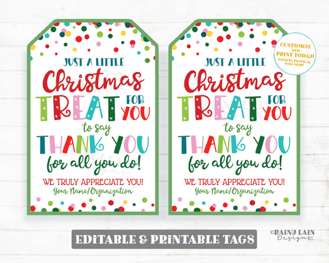 Christmas Treat Tag Holiday Thank you Appreciation Gift Tags Christmas Favor Tags Employee Company Staff Teacher Homemade Sweets Baked Goods