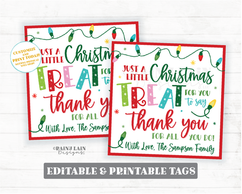 Treat for you to say Thank you Christmas Gift Tag Holiday Appreciation Homemade Sweets Favor Employee Company Teacher Staff Lights Square