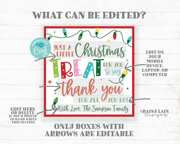 Treat for you to say Thank you Christmas Gift Tag Holiday Appreciation Homemade Sweets Favor Employee Company Teacher Staff Lights Square