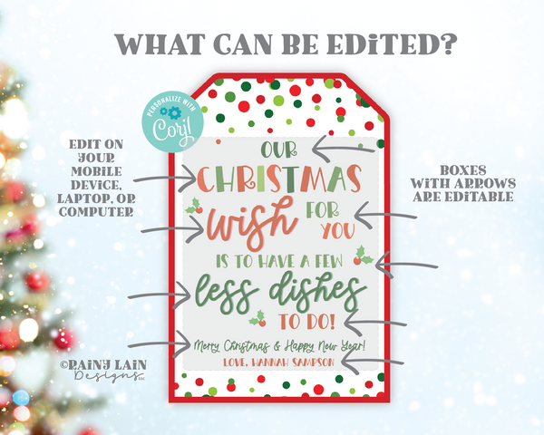 Paper Plate Gift Tags, Less Dishes Christmas Wish, Hostess, Teacher, School PTO, Neighbor, Realtor Pop By, Editable Template