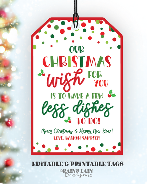 Paper Plate Gift Tags, Less Dishes Christmas Wish, Hostess, Teacher, School PTO, Neighbor, Realtor Pop By, Editable Template