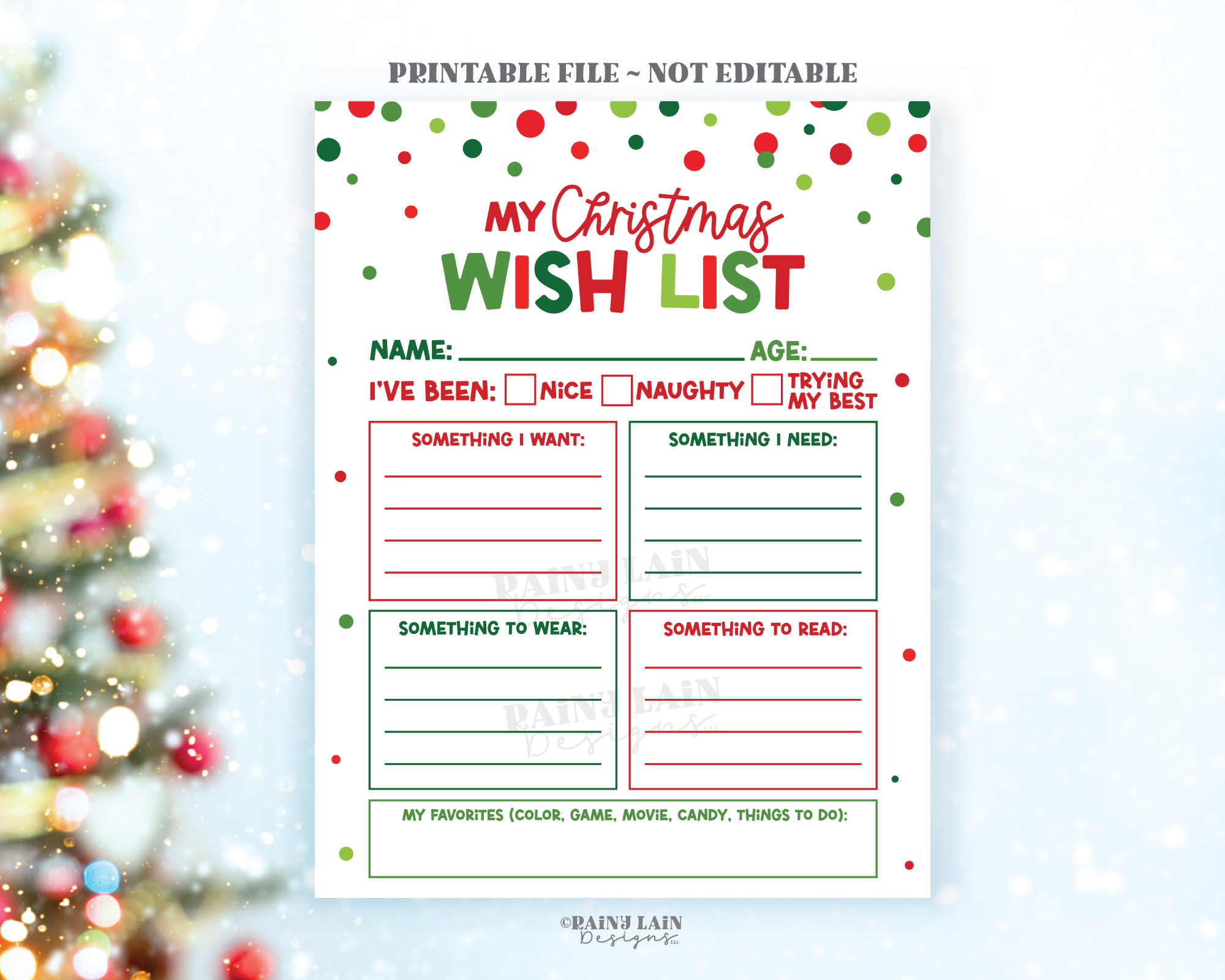Printable Christmas Wish List for Kids, Santa Wish List, Holidays Wish – Rainy Lain Designs LLC for Free Printable Christmas Present List