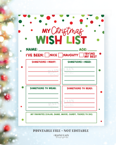 Printable Christmas Wish List for Kids, Santa Wish List, Holidays Wish List Template, Instant Download, Letter to Santa, Kids Questionnaire