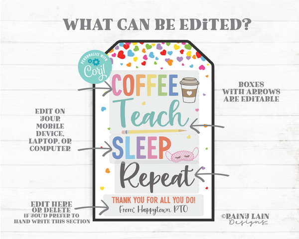 Coffee Teach Sleep Repeat Tag, Sleepwear Gift, Pajama Pants, Teacher Appreciation, Staff, Nurse, PTA PTO Editable