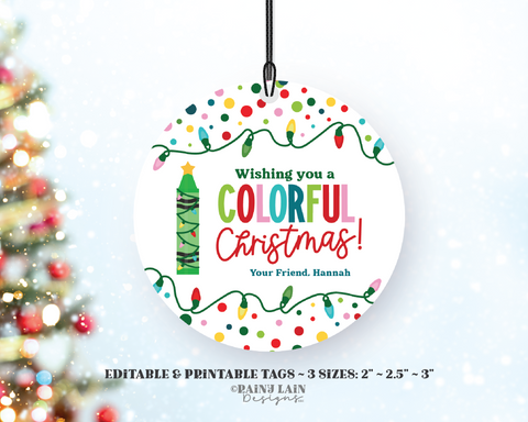 Editable Colorful Christmas Gift Tag, Crayon, Coloring Book, From Teacher, Classroom Preschool Stocking Stuffer Printable, Round, Circle