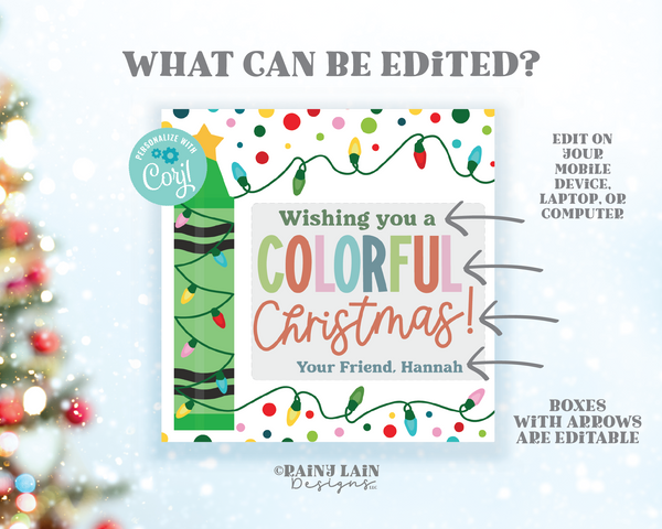 Editable Colorful Christmas Gift Tag, Crayon, Coloring Book, Classroom Preschool Stocking Stuffer Printable, From Teacher, Digital Download
