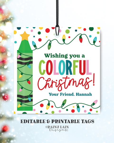 Editable Colorful Christmas Gift Tag, Crayon, Coloring Book, Classroom Preschool Stocking Stuffer Printable, From Teacher, Digital Download