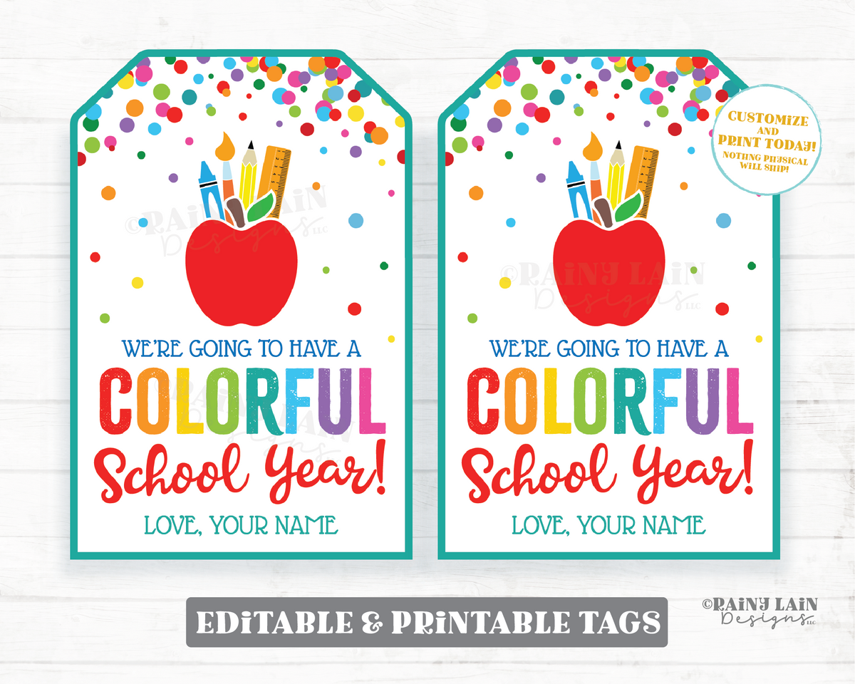 Colorful School Year Gift Tag Crayon Markers Paint Coloring Book Rainb ...
