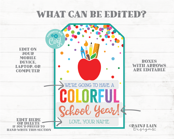 Colorful School Year Gift Tag Crayon Markers Paint Coloring Book Rainbow Candy Preschool Student From Teacher Printable Back to School