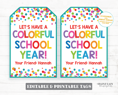 Colorful School Year Gift Tag, Back to School, Crayons, Markers, Paint, First Day, Coloring Book Candy Preschool Student Classroom Printable