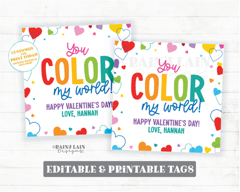 Coloring Book Valentine, You Color my World Gift Tag, Crayons Markers Art Preschool, Classroom, Student, Printable, Kids Non-Candy, Editable