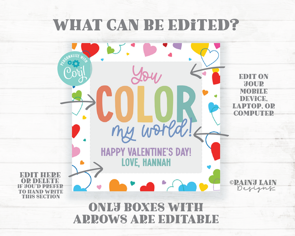 Coloring Book Valentine, You Color my World Gift Tag, Crayons Markers Art Preschool, Classroom, Student, Printable, Kids Non-Candy, Editable